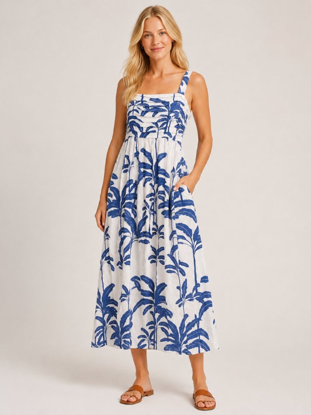 Tahari Blue White Palm Print Linen Blend Smocked Maxi Dress Size 10
